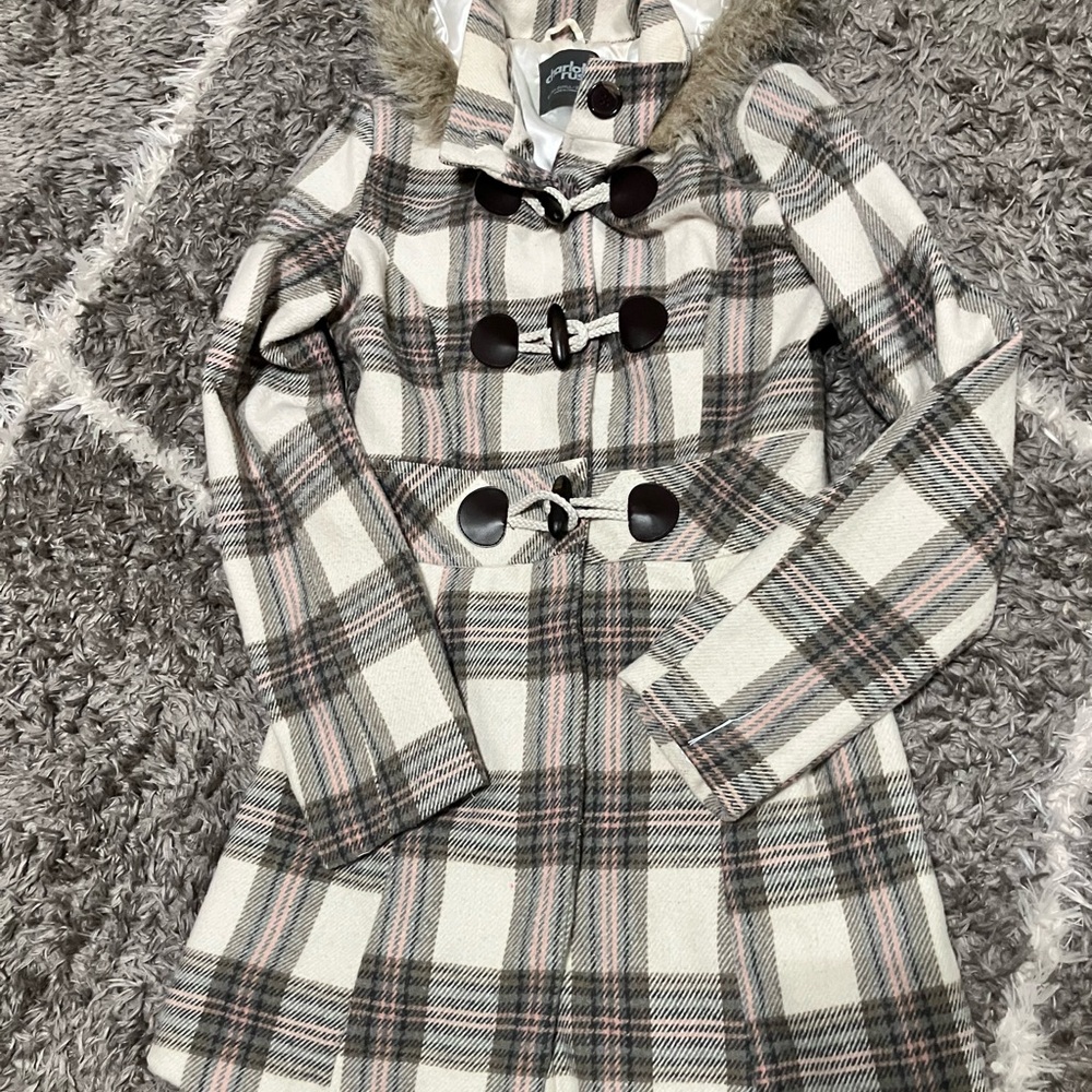 Plaid Coat with Faux Fur Hood